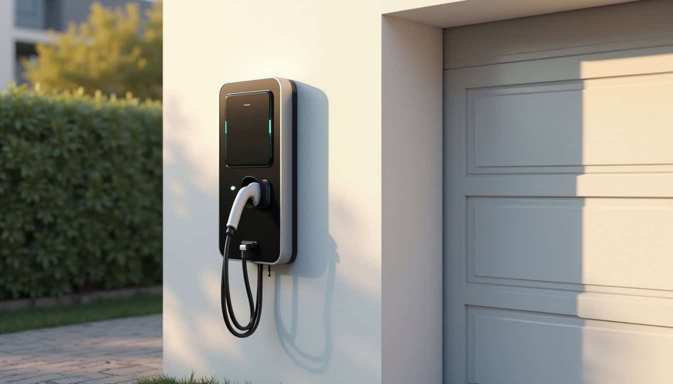 Installation d'une borne de recharge murale devant un garage à Communay
