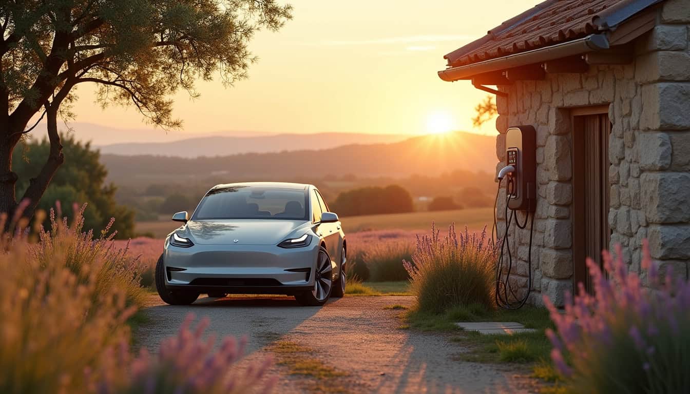 Installation d'une borne de recharge murale devant un garage à Técou, en milieu rural