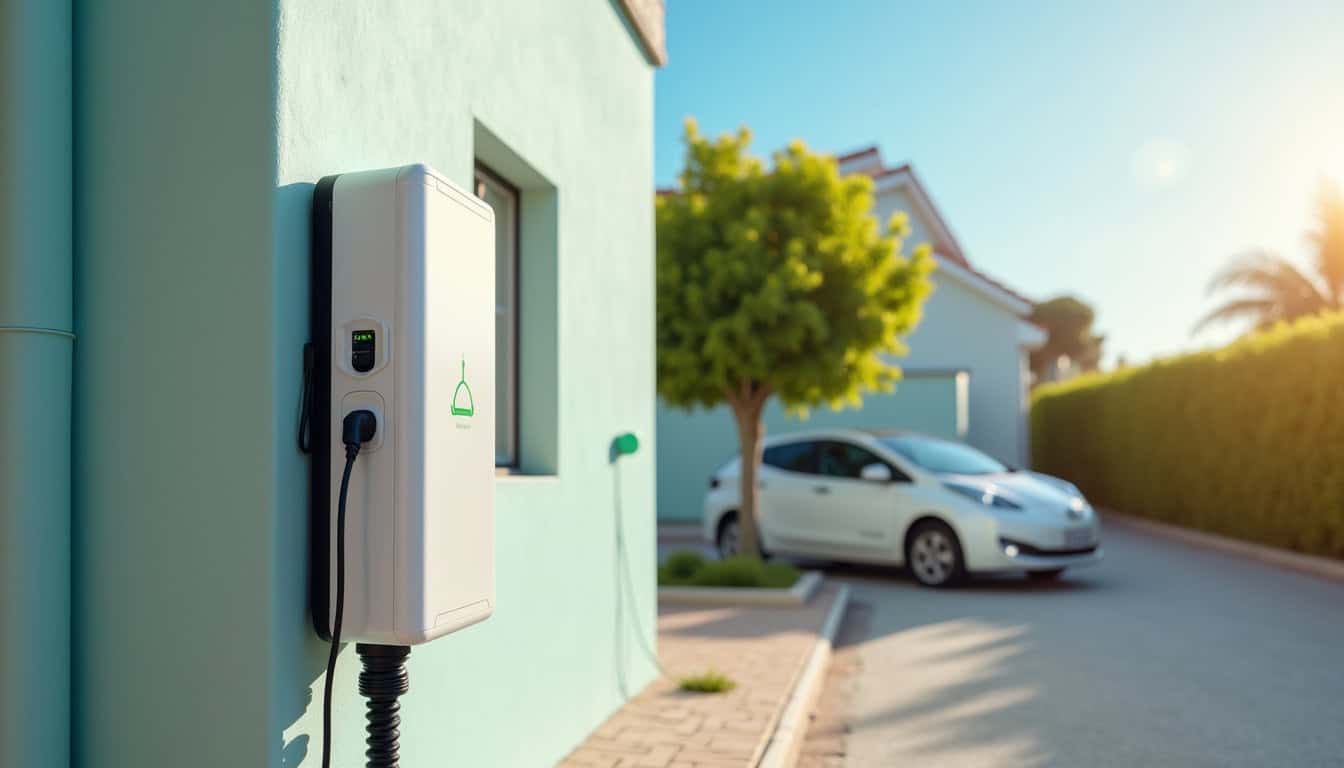 Installation d'une borne de recharge murale devant une maison à L'Étang-Salé, en journée