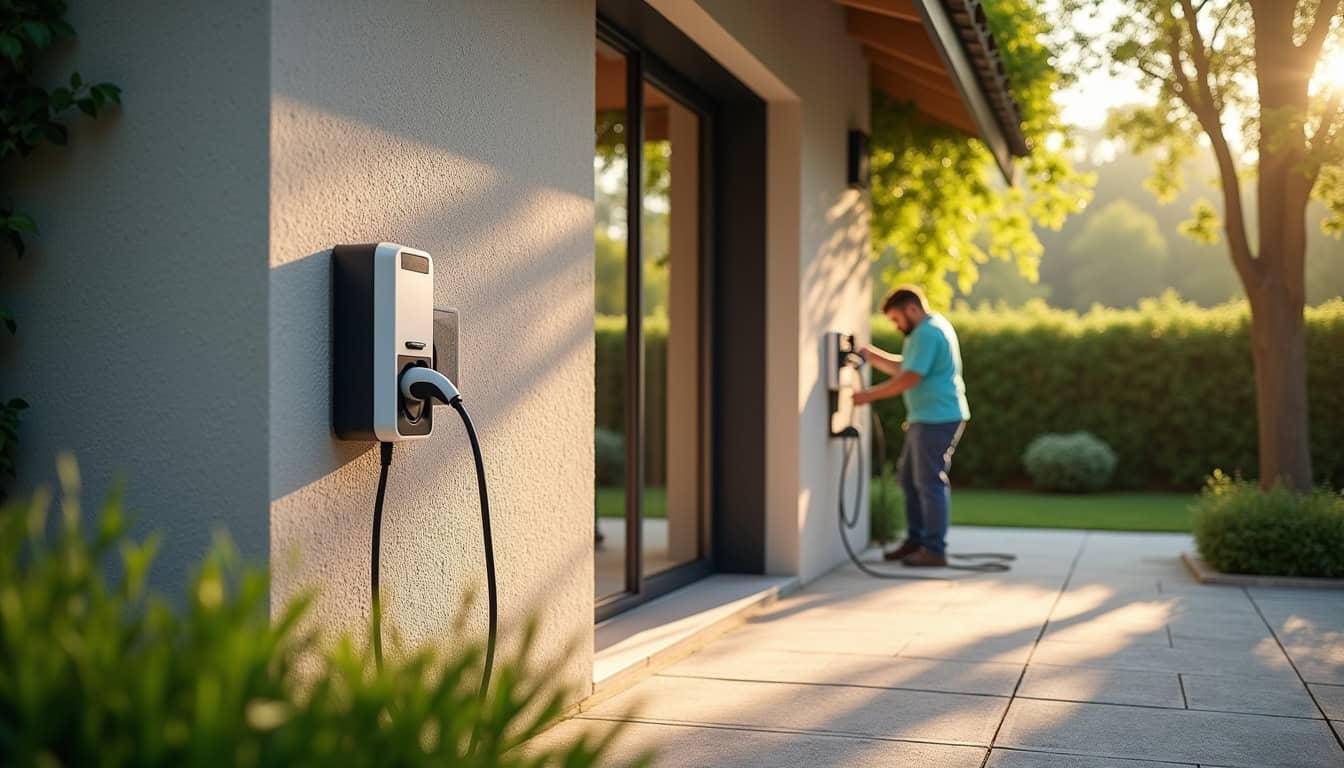 Installation d'une borne de recharge murale sur la façade d'une maison à Domène
