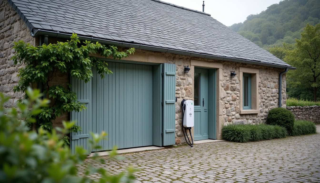 Installation d'une borne de recharge murale sur un mur extérieur près d'un garage à Parthenay-de-Bretagne