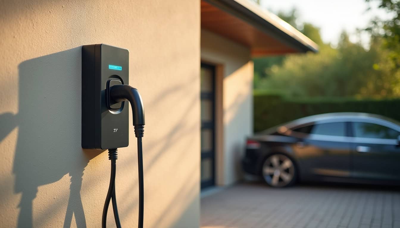Installation d'une borne de recharge murale sur un mur extérieur près d'une place de parking privée à Lamotte-Beuvron