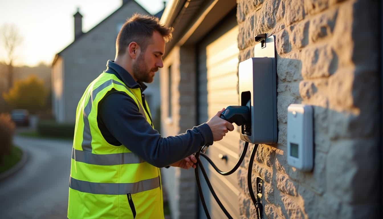 Installation d'une borne de recharge pour véhicule électrique à Pleyben, vue d'un technicien en train de fixer une wallbox sur un mur extérieur