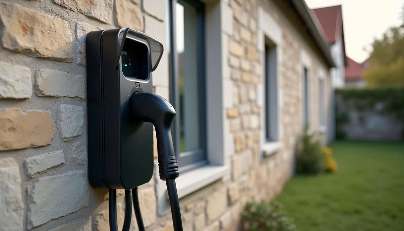 Installation d'une borne de recharge pour véhicule électrique en extérieur, fixée sur un mur extérieur avec câble en cours de raccordement