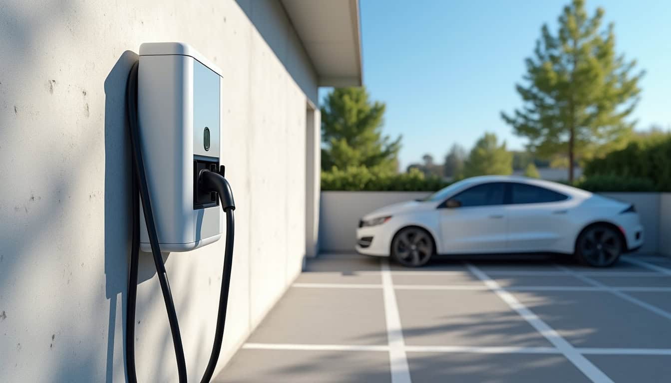 Installation d'une borne de recharge sur un parking privé à Saint-Cyr, vue de jour