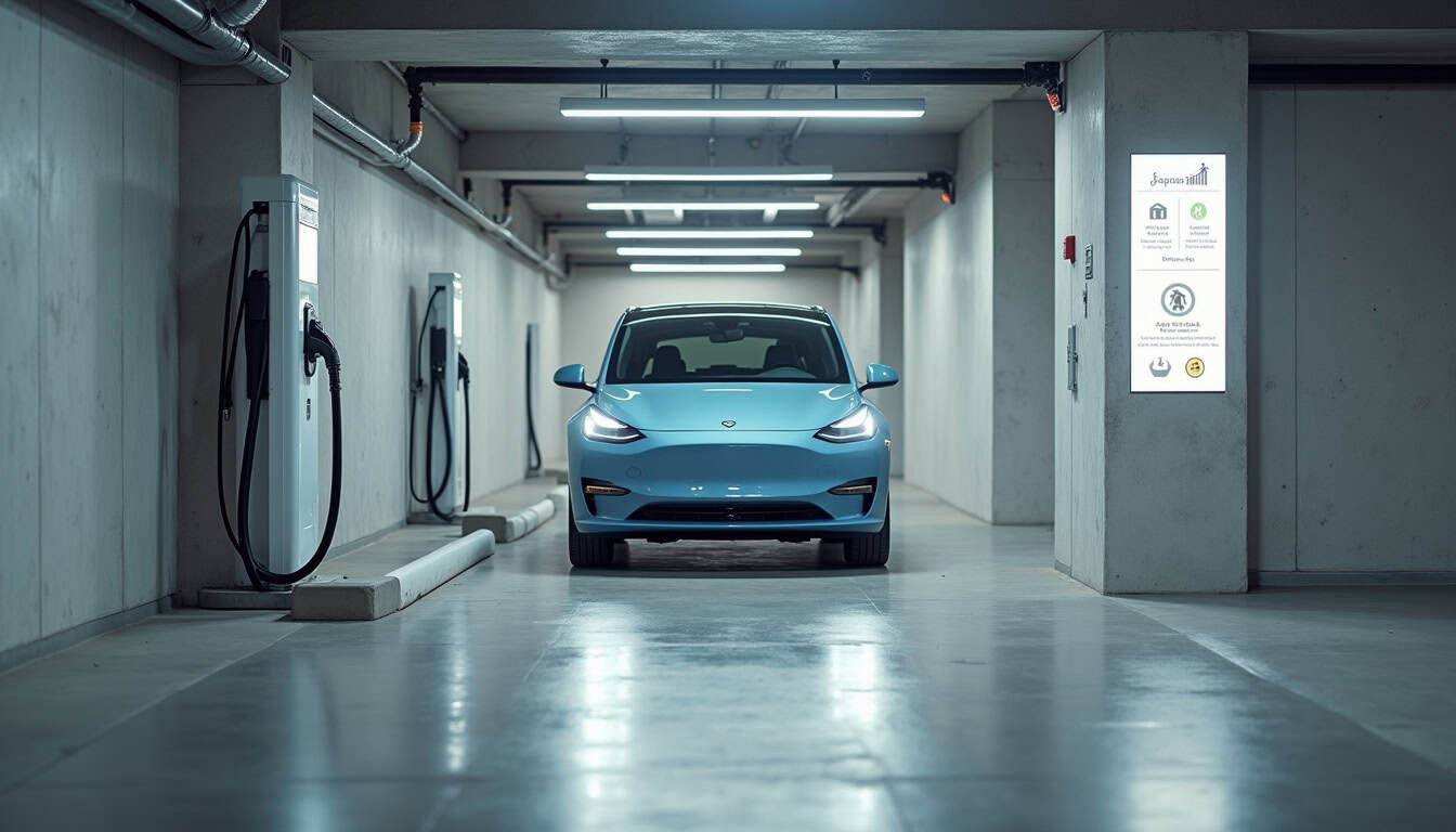 Installation d'une borne électrique dans un parking de copropriété à Piney avec câbles sécurisés et affichage des règles de partage