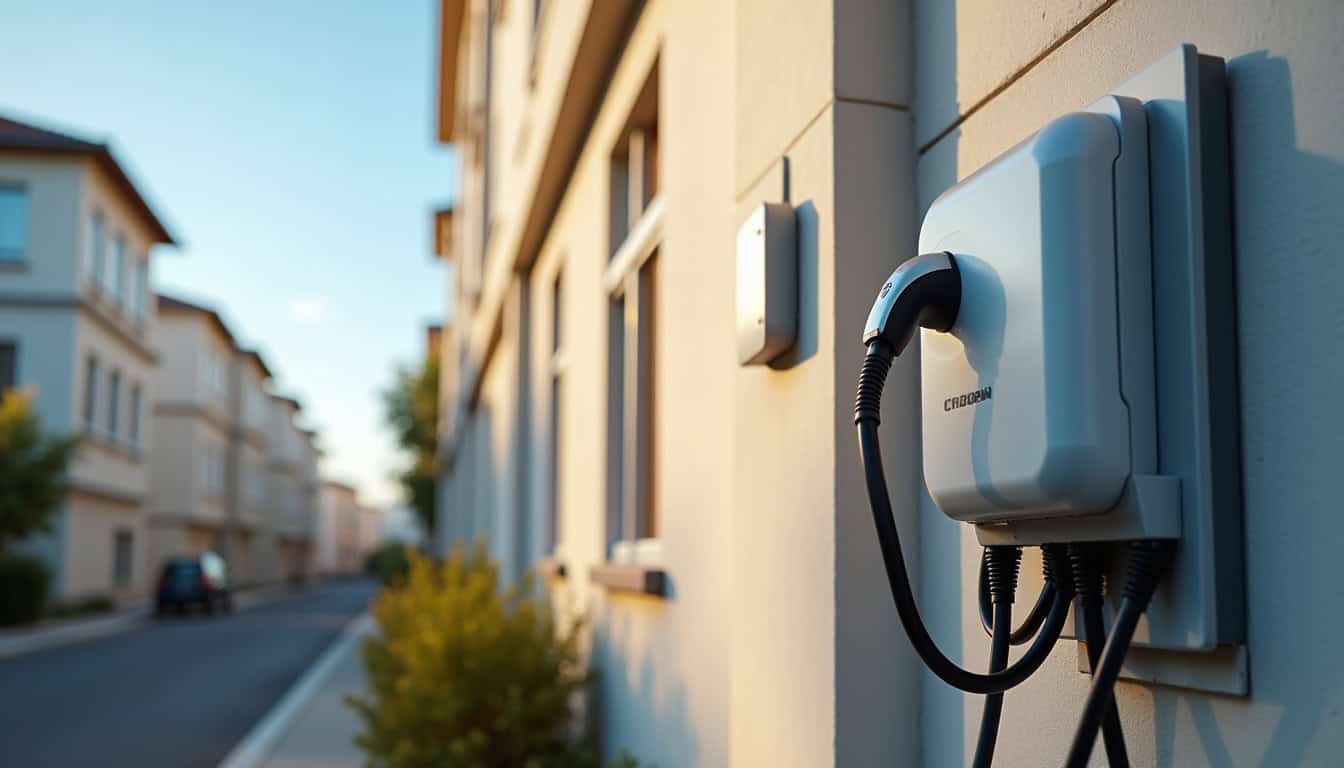 Installation d'une borne électrique en copropriété avec câbles apparents et boîtier de distribution