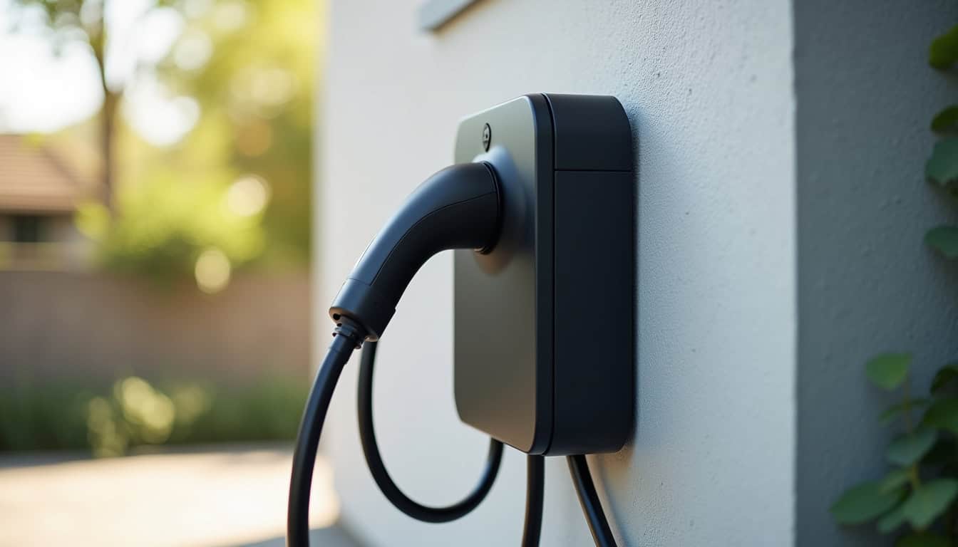 Installation d'une borne électrique murale à Lamanon, vue rapprochée du boîtier et du câble de recharge