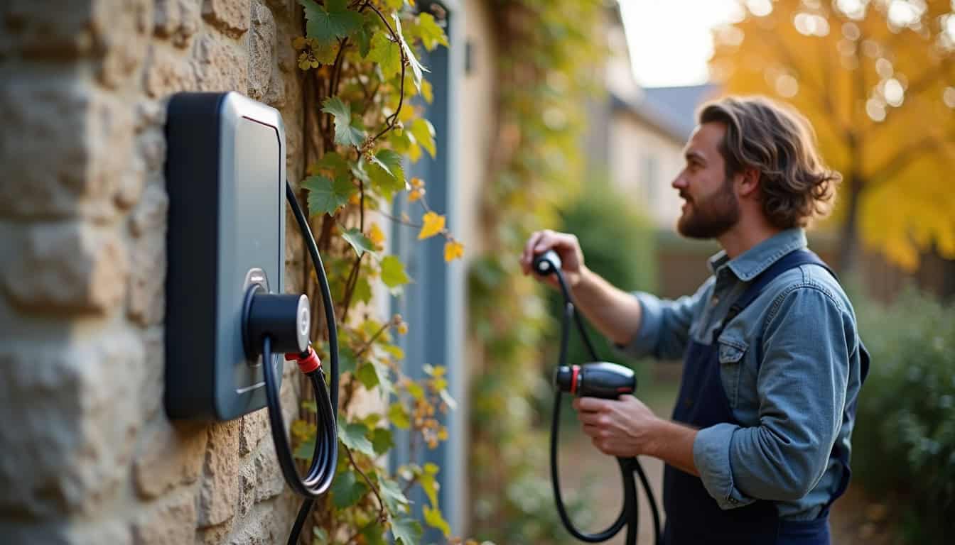 Installation d'une borne électrique murale par un professionnel sur un mur extérieur à Lachassagne
