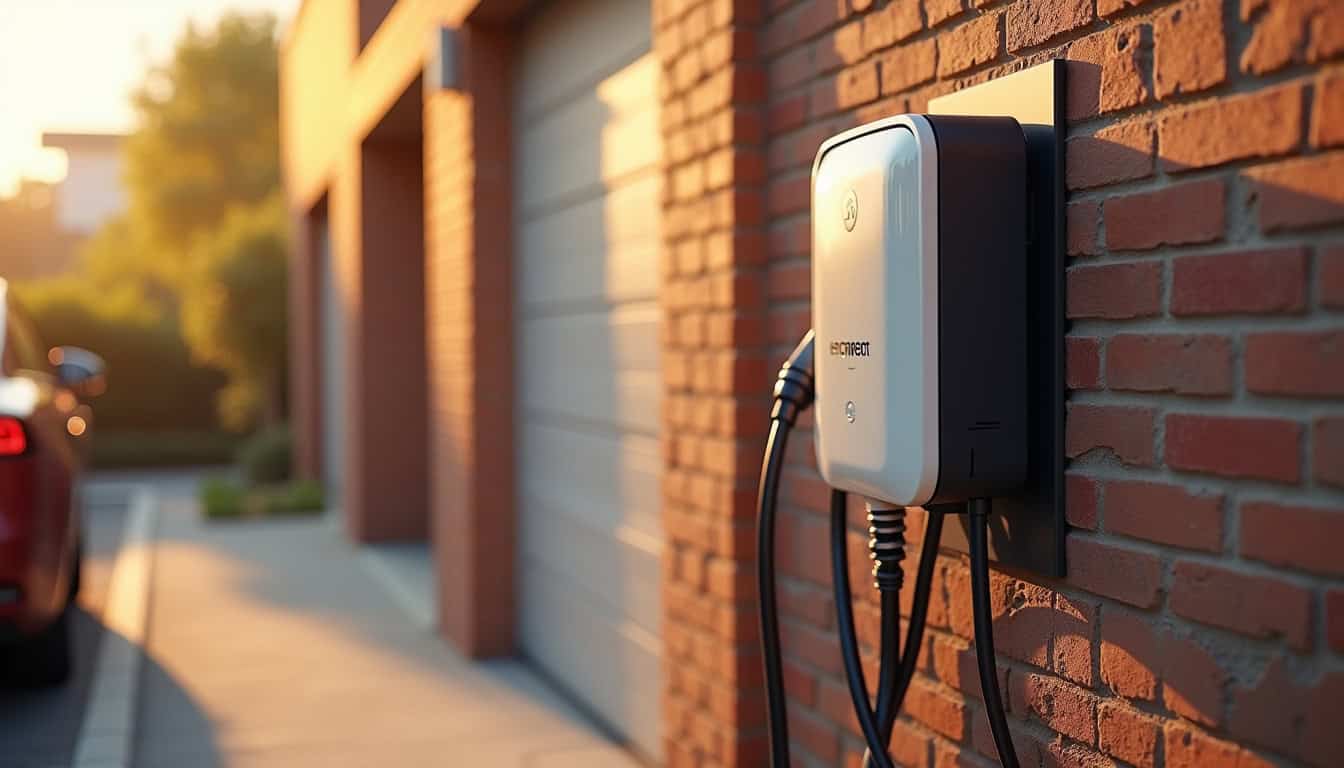 Installation d'une borne électrique murale sur un mur extérieur près d'une place de stationnement