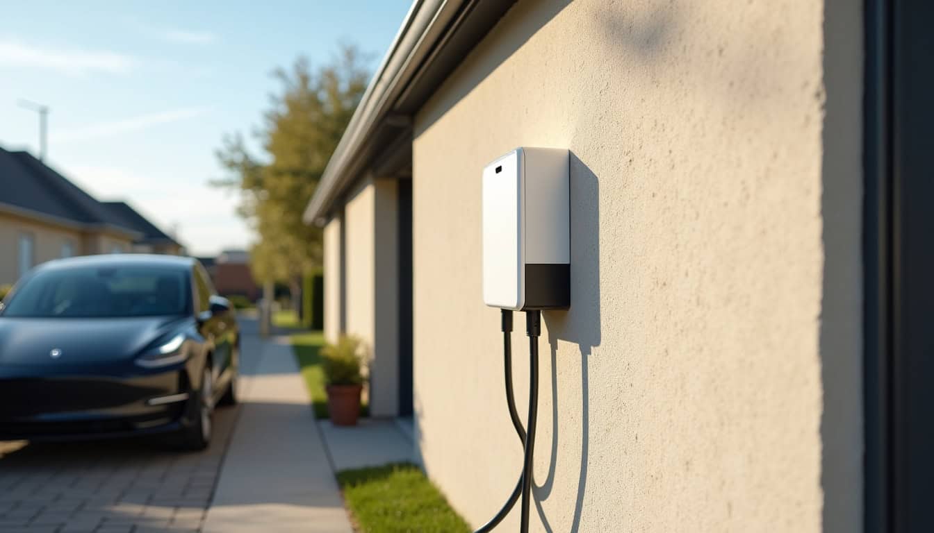 Installation d'une borne électrique murale type wallbox sur un mur extérieur d'une maison à Tremblay-les-Villages