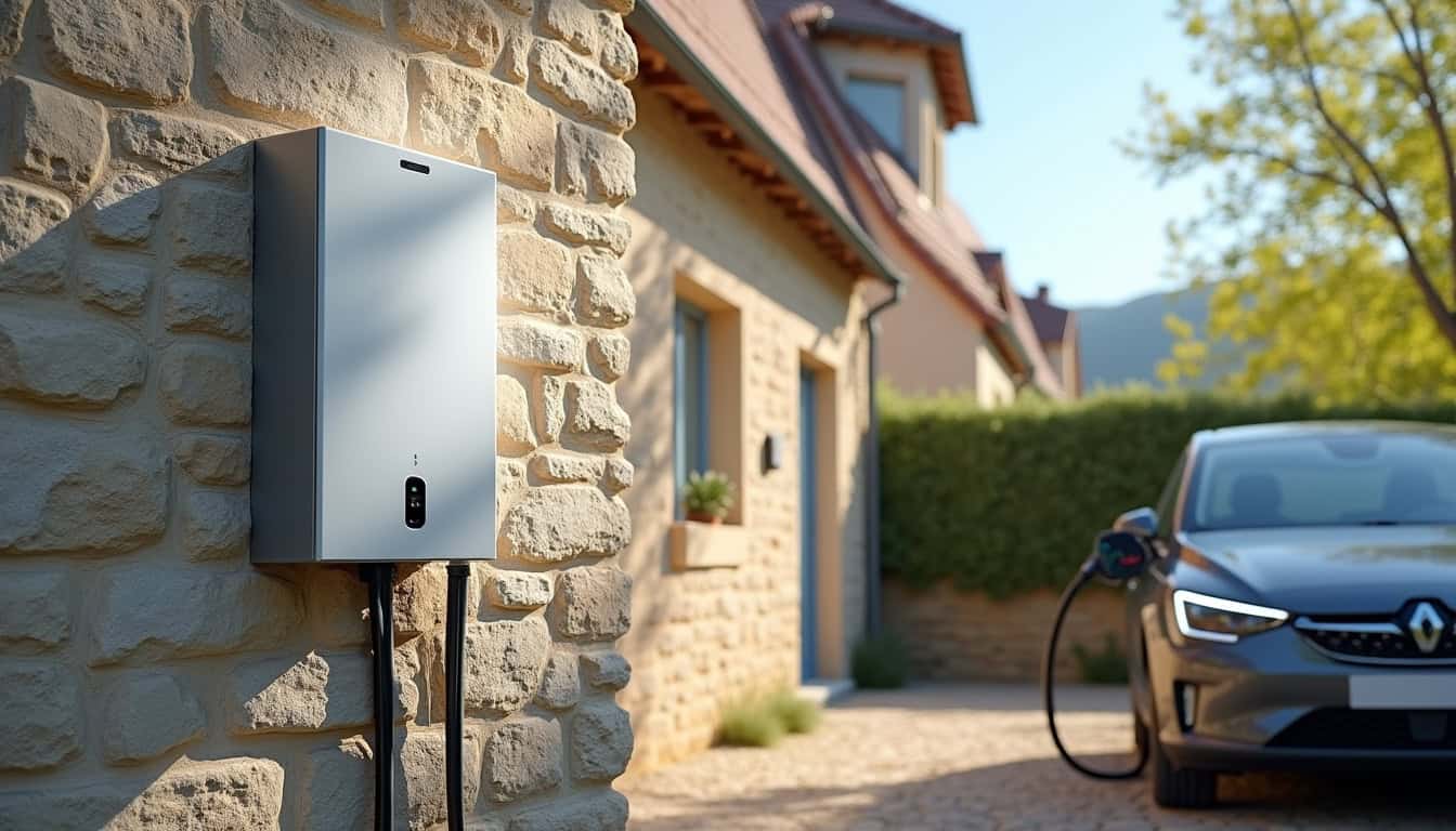 Installation d'une wallbox 7 kW sur un mur extérieur, câble relié à une voiture électrique garée à proximité
