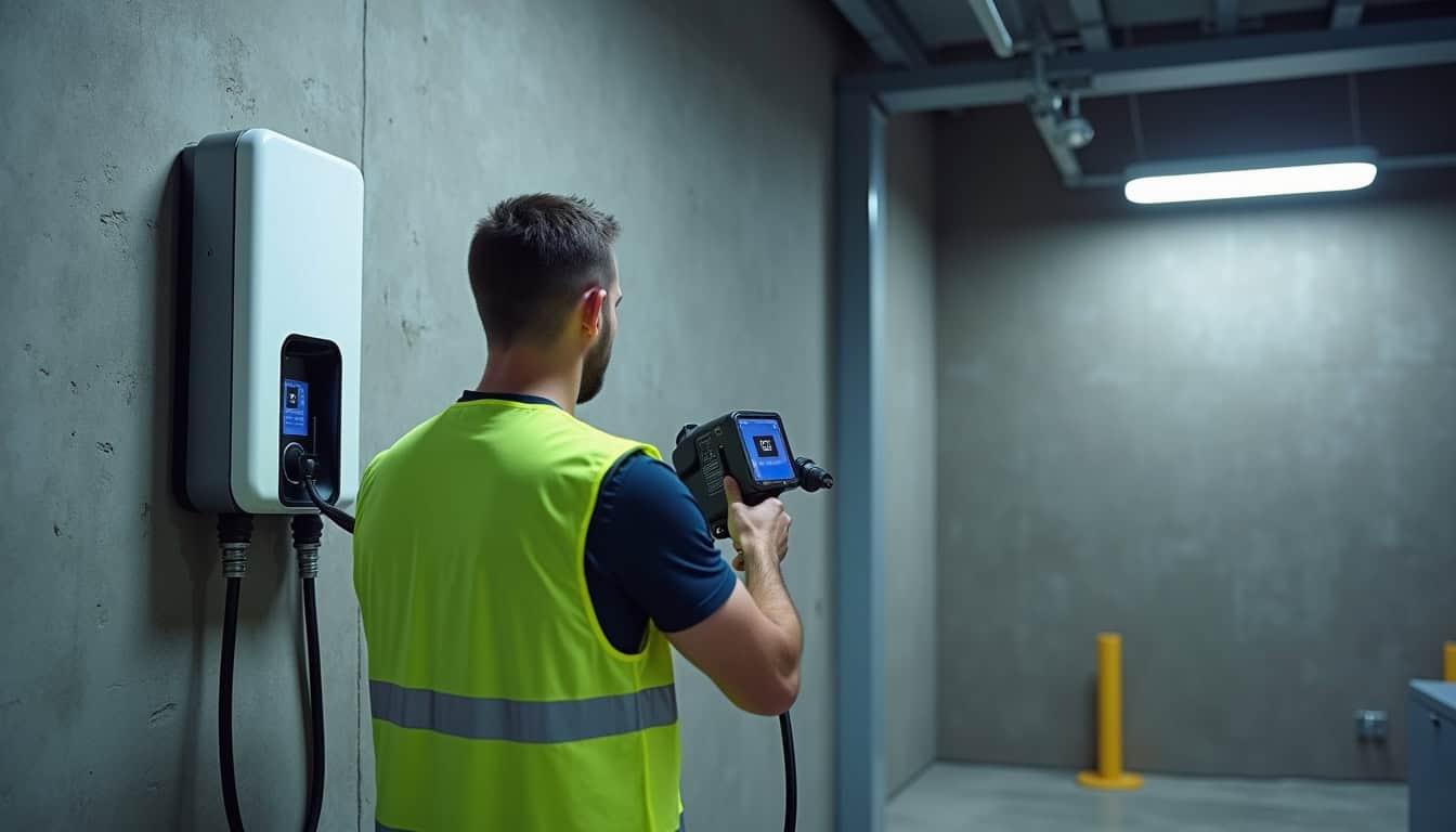 Installation d'une wallbox dans un garage à Bouleurs, vue du technicien en train de monter la borne murale