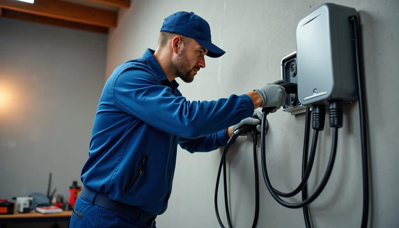Installation d'une wallbox dans un garage privé à Gournay-en-Bray, avec un technicien en train de raccorder la borne électrique