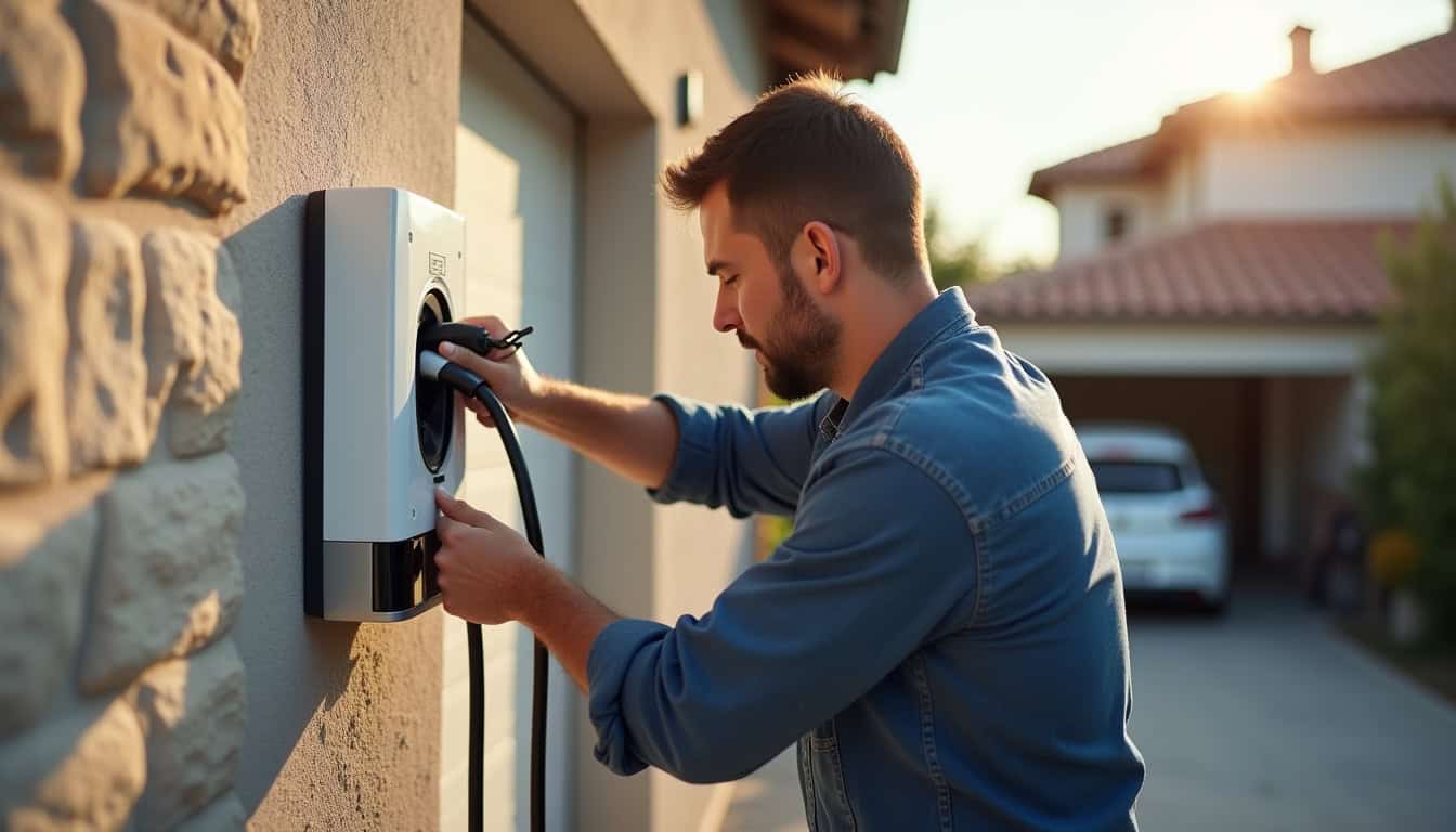 Installation d'une wallbox par un électricien IRVE devant un garage