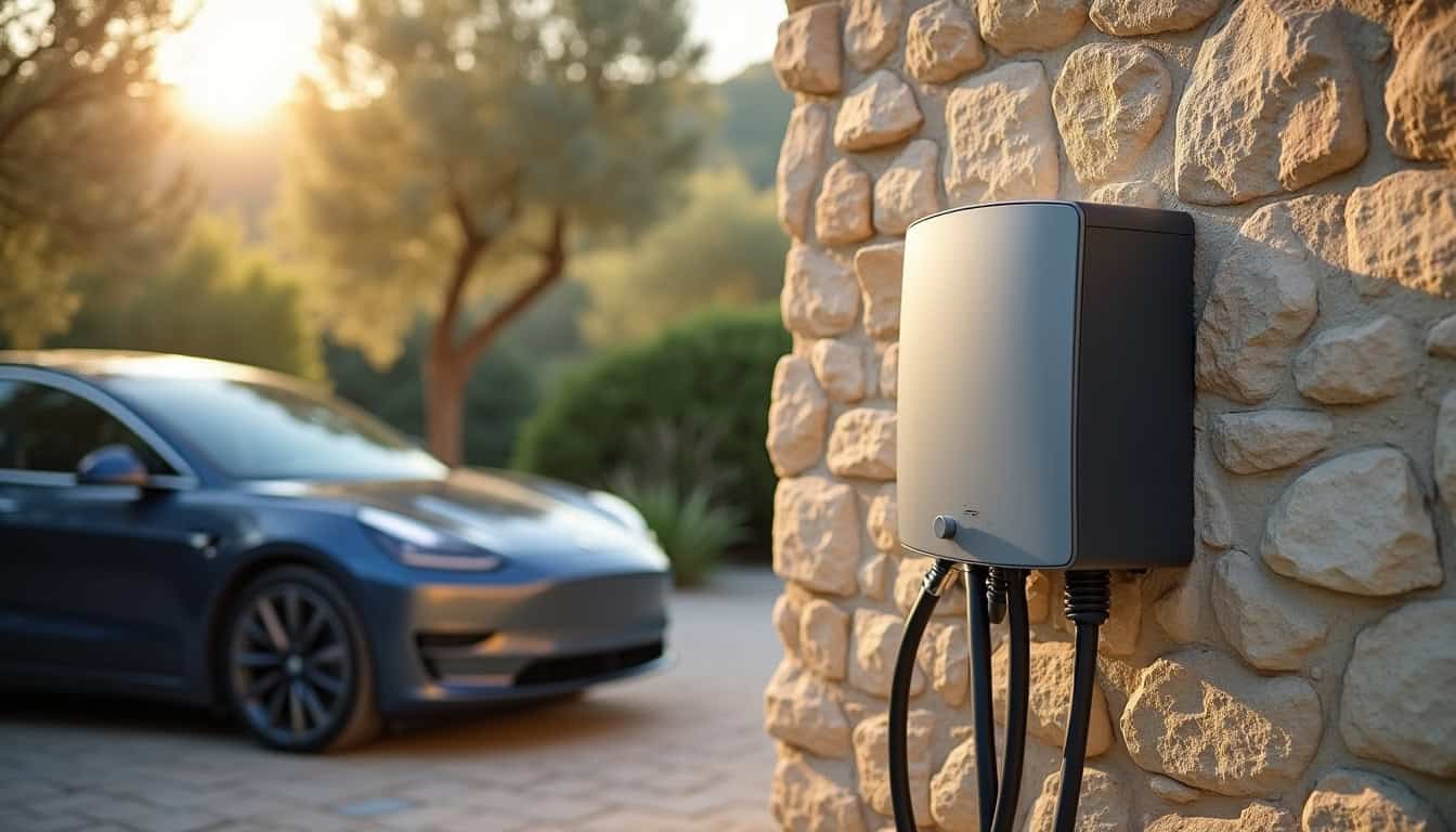 Installation d'une wallbox sur un mur extérieur à Sauve, avec câble de charge branché sur un véhicule électrique