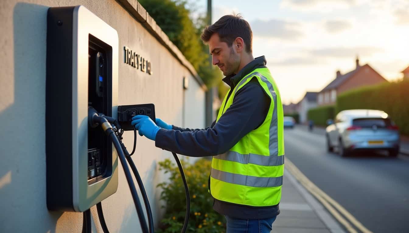 Intervention de maintenance sur une borne de recharge électrique à Tracy-le-val, avec contrôle des câbles et du boîtier