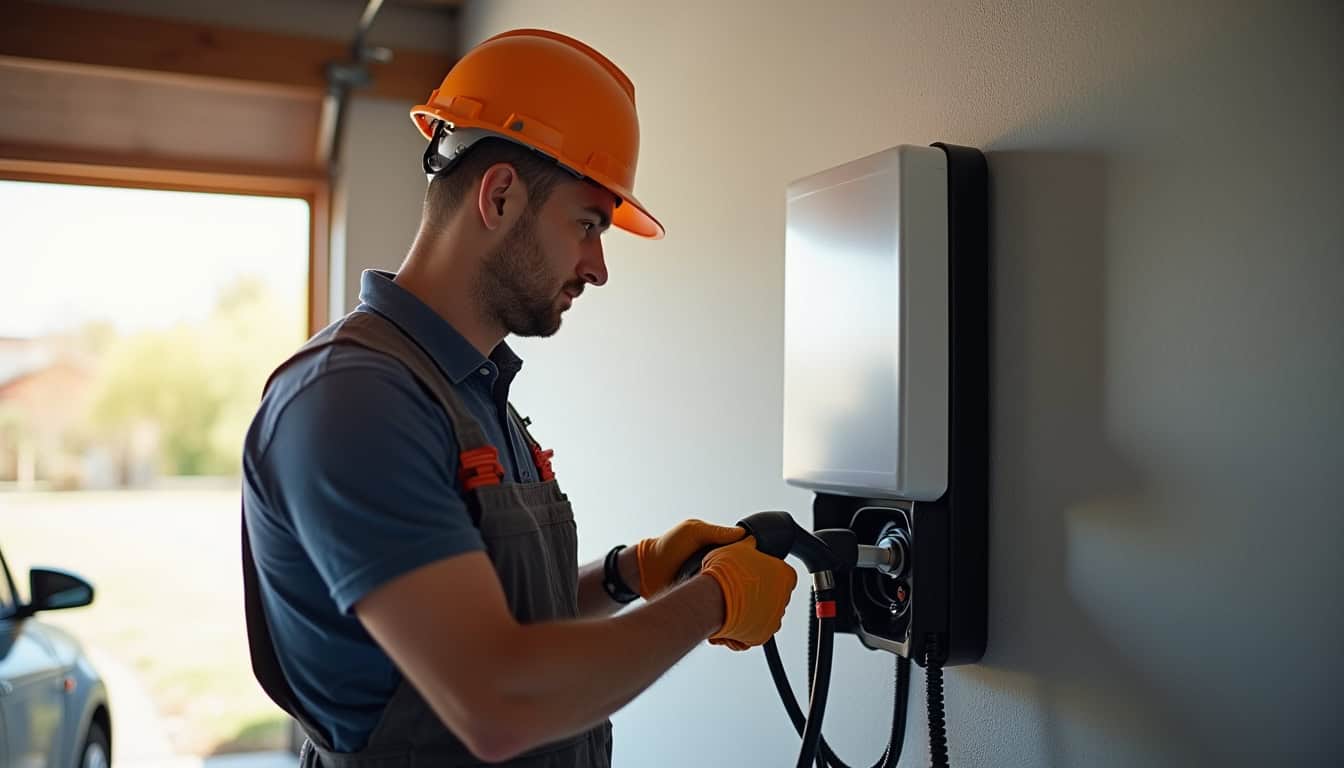 Intervention d'un électricien certifié IRVE lors de l'installation d'une borne de recharge à Romagnat
