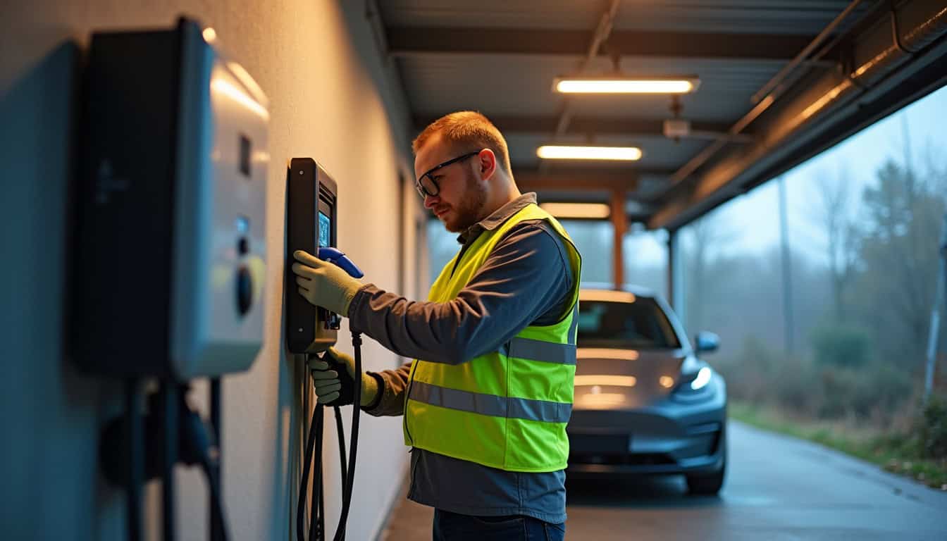Intervention d'un électricien certifié IRVE lors de l'installation d'une borne de recharge dans un garage à Saint-Jacques-sur-Darnétal