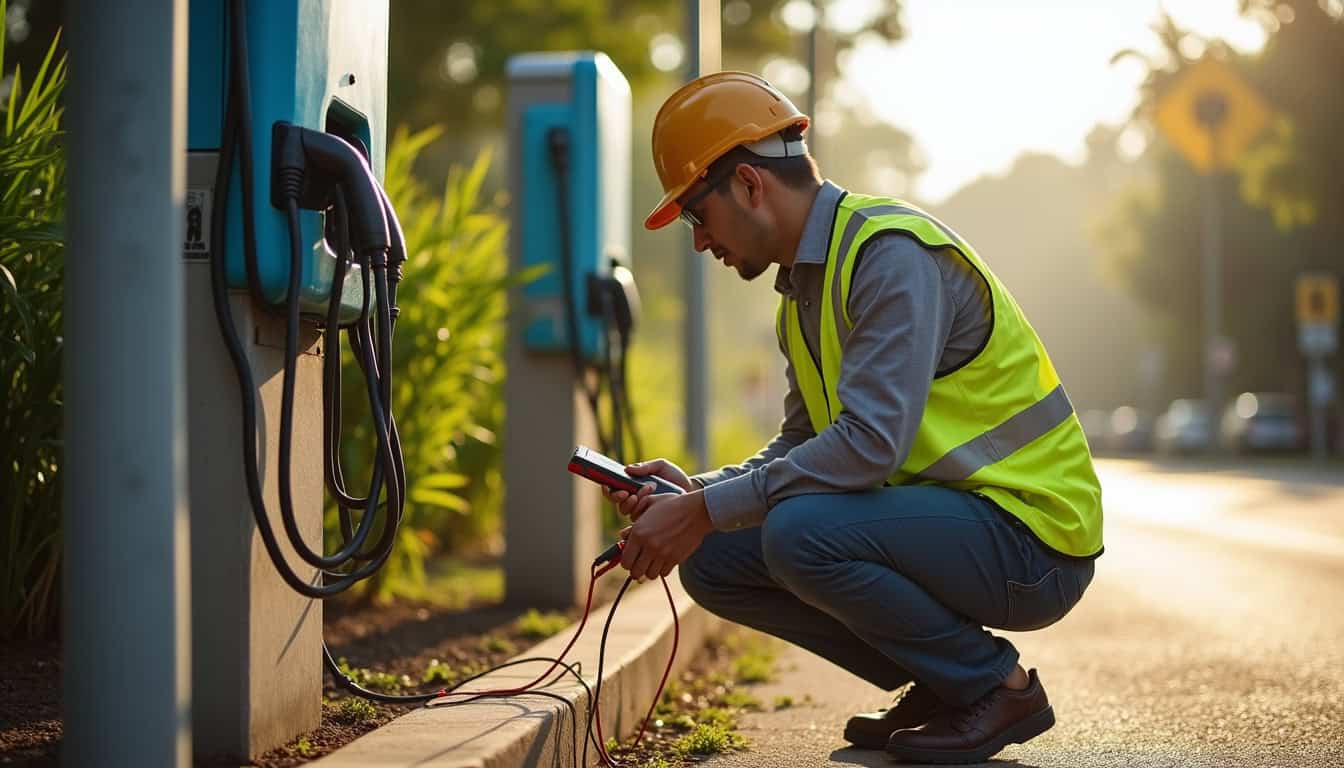 Intervention d'un technicien en maintenance sur une borne de recharge à Grand-Santi, en train de vérifier les connexions électriques