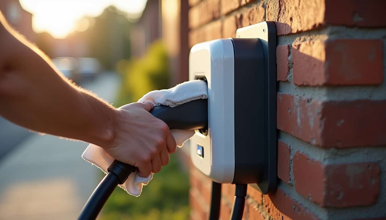 Main en train de nettoyer une borne de recharge électrique avec un chiffon