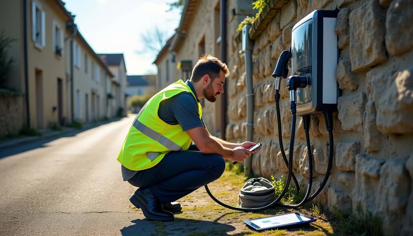Maintenance d'une borne de recharge électrique à Montmédy, montrant un technicien en train de vérifier les connexions et le boîtier