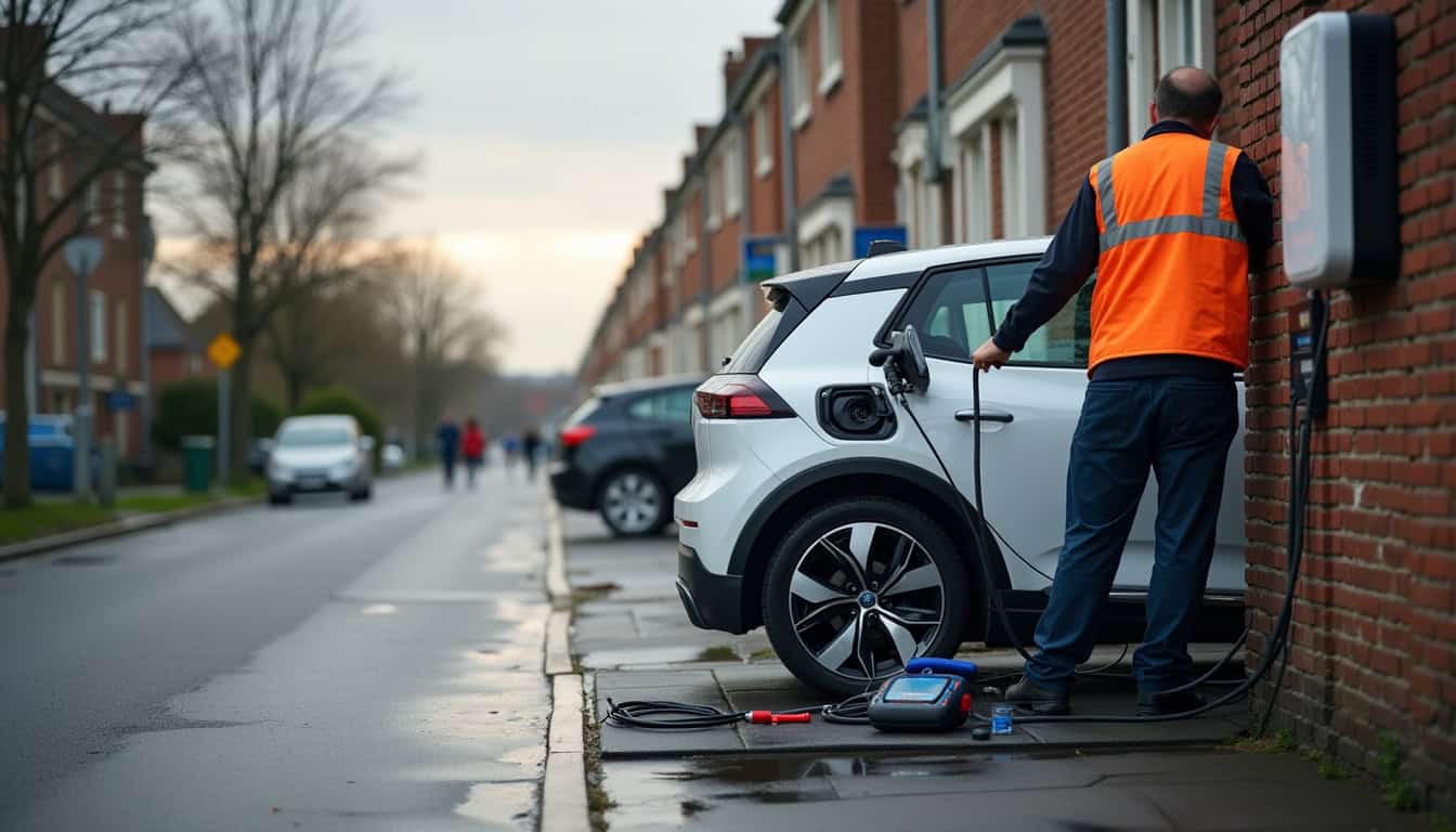 Maintenance d'une borne de recharge électrique par un technicien à Compertrix
