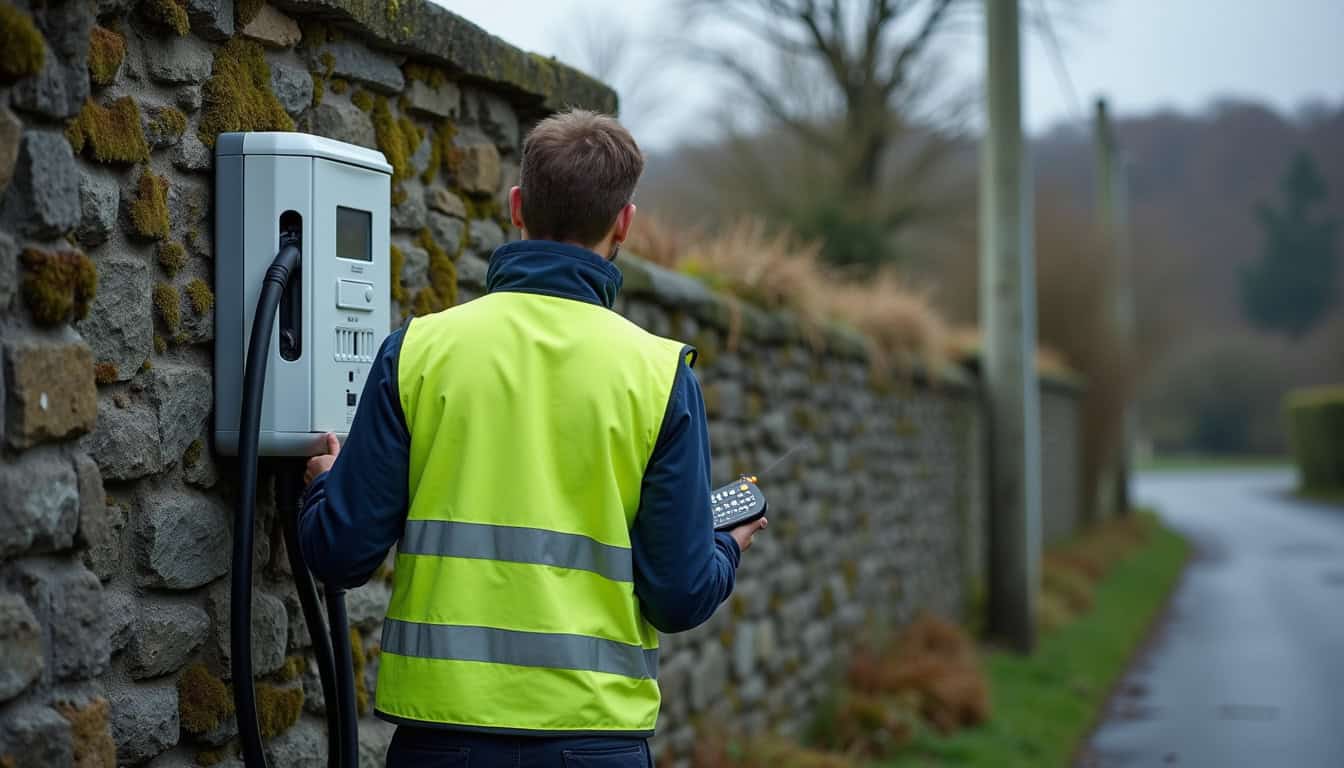 Maintenance d'une borne de recharge électrique par un technicien à Locmiquélic