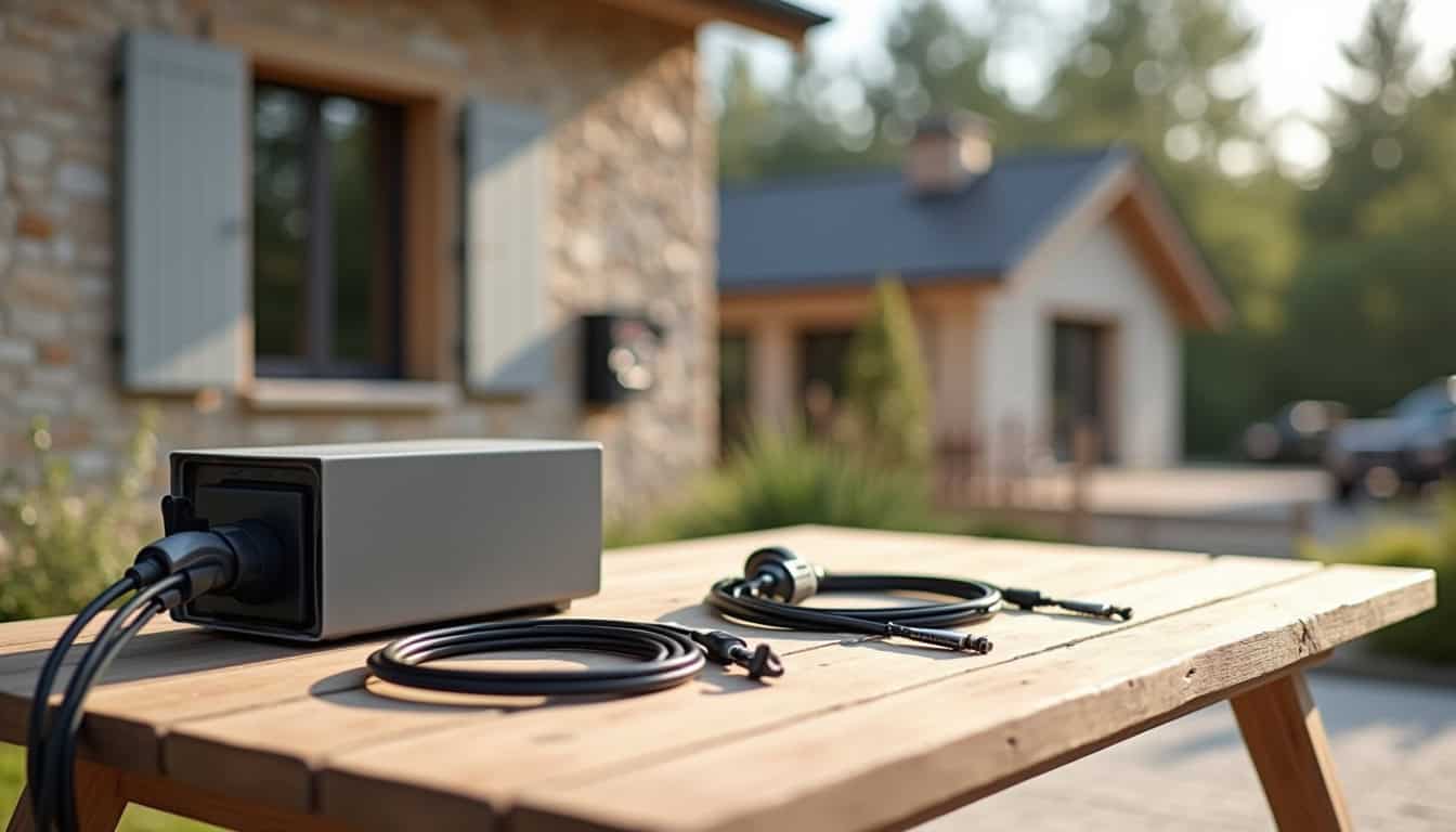 Matériel d'une borne de recharge électrique étalé sur une table à Chaudon