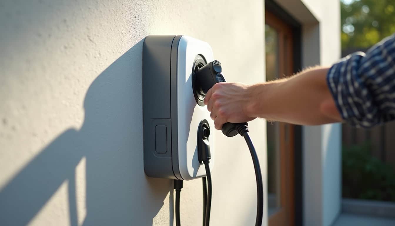 Modèle de borne électrique en cours d'installation sur un mur extérieur