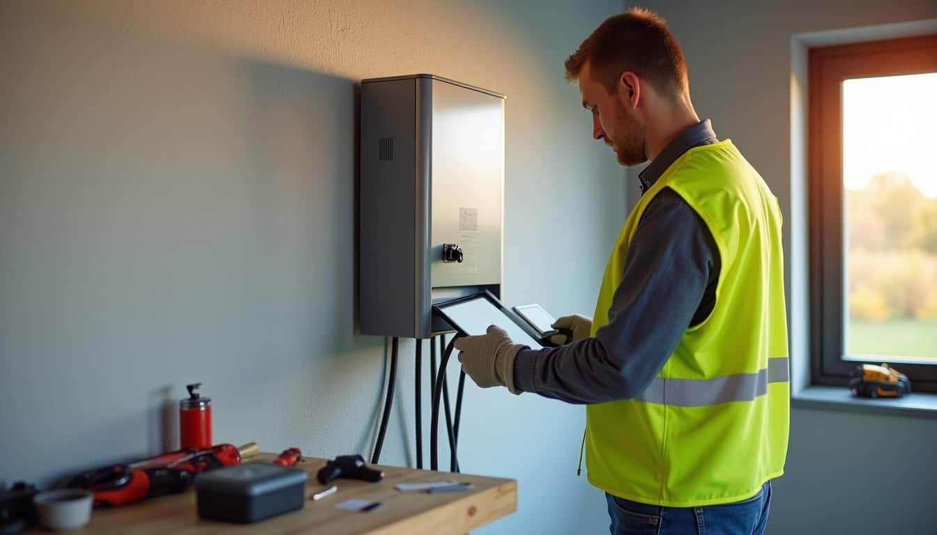 Montage d'une borne électrique murale par un électricien qualifié IRVE dans un garage à Tillé