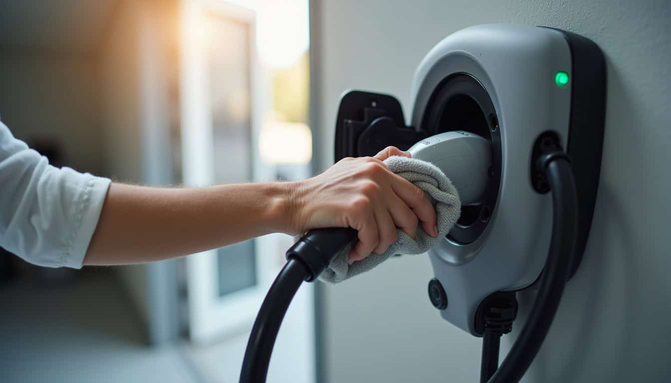 Nettoyage du connecteur d’une borne de recharge électrique à l’aide d’un chiffon sec