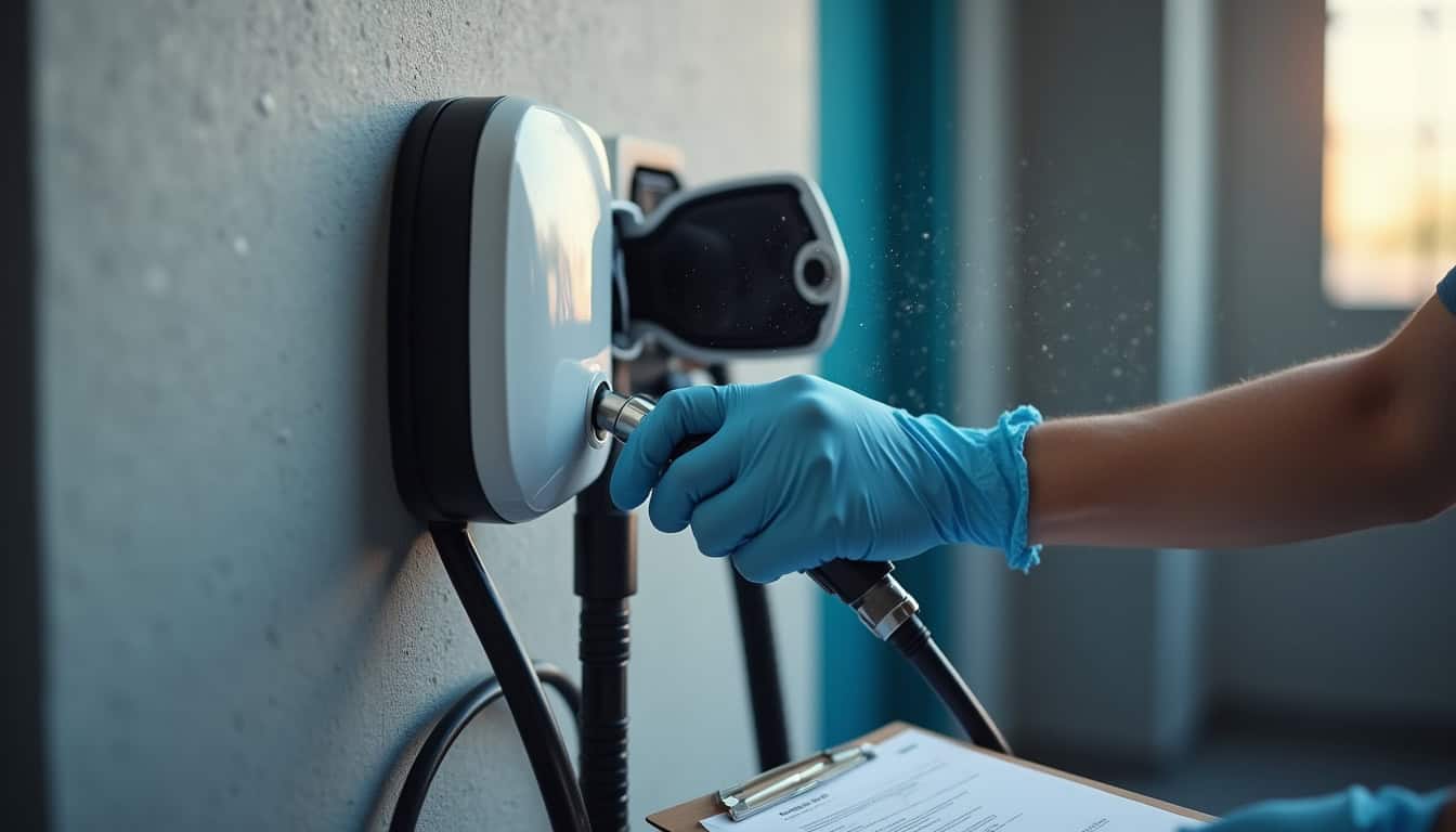Nettoyage et vérification d’une borne de recharge murale dans un garage à La Chambre