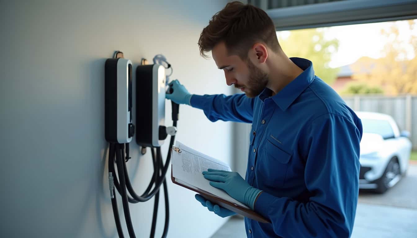 Nettoyage et vérification d'une borne de recharge murale par un technicien