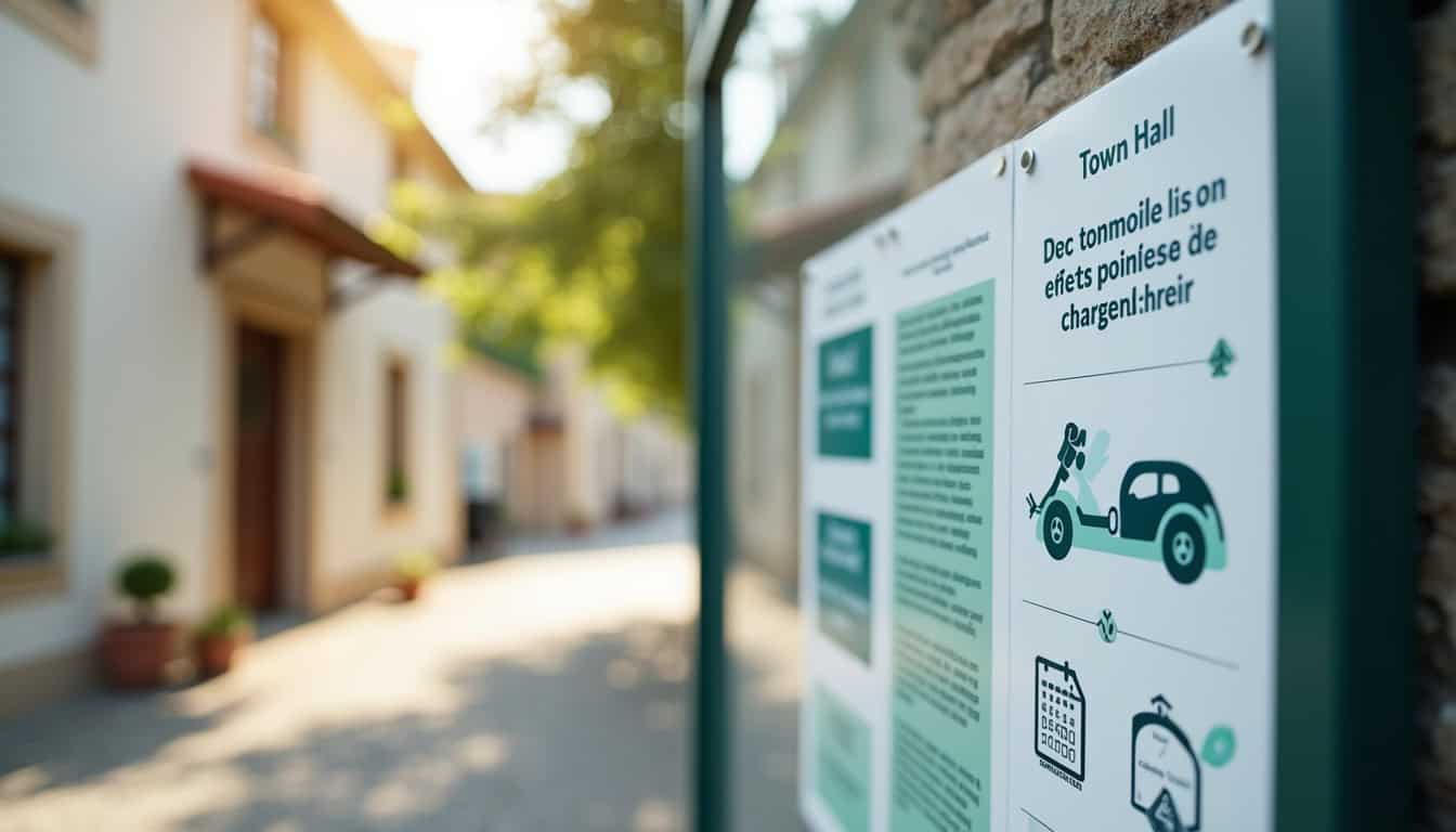 Panneau de la mairie de Vérines avec un panneau indiquant les démarches administratives pour la pose d'une borne de recharge électrique