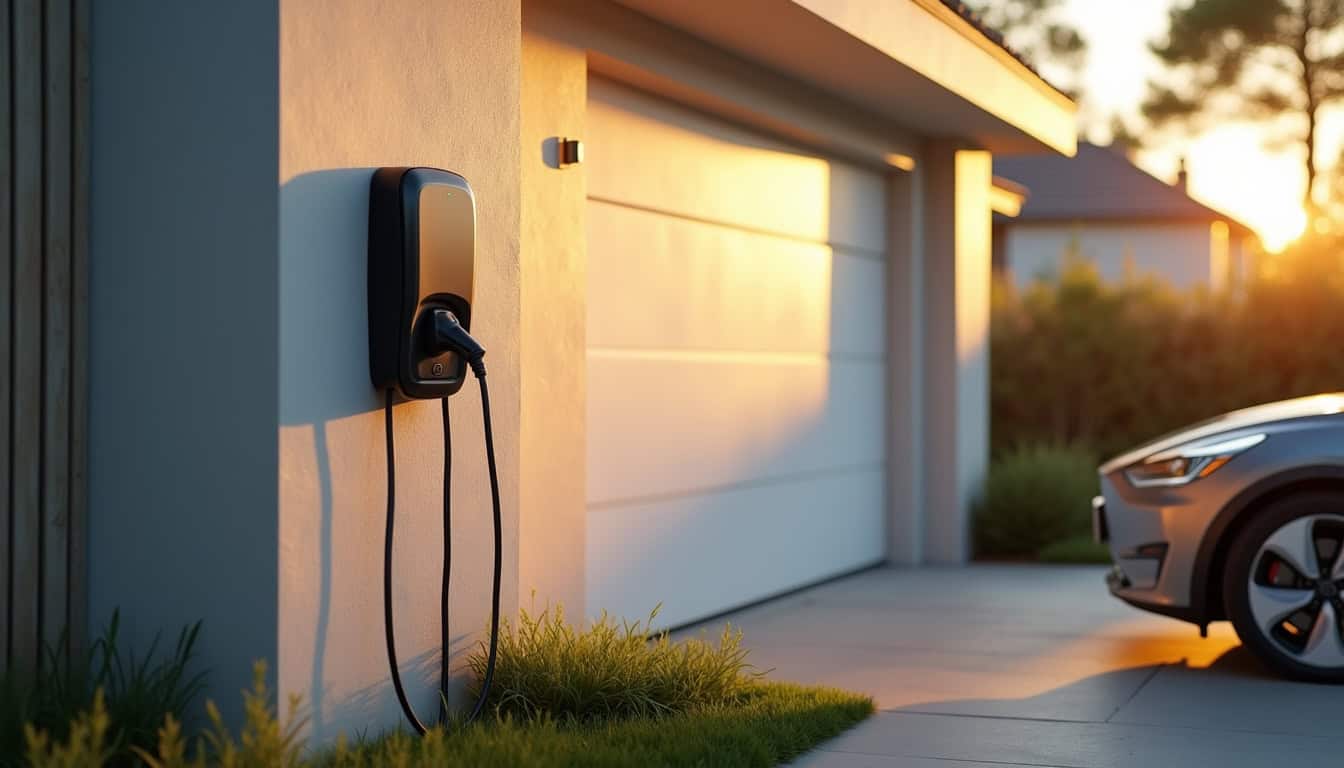 Photo d'une borne de recharge installée à l'extérieur d'une maison, près d'un garage