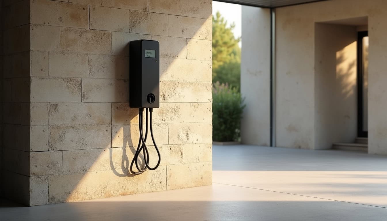 Photo d'une borne de recharge installée dans un garage à Grimaud, protégée des intempéries