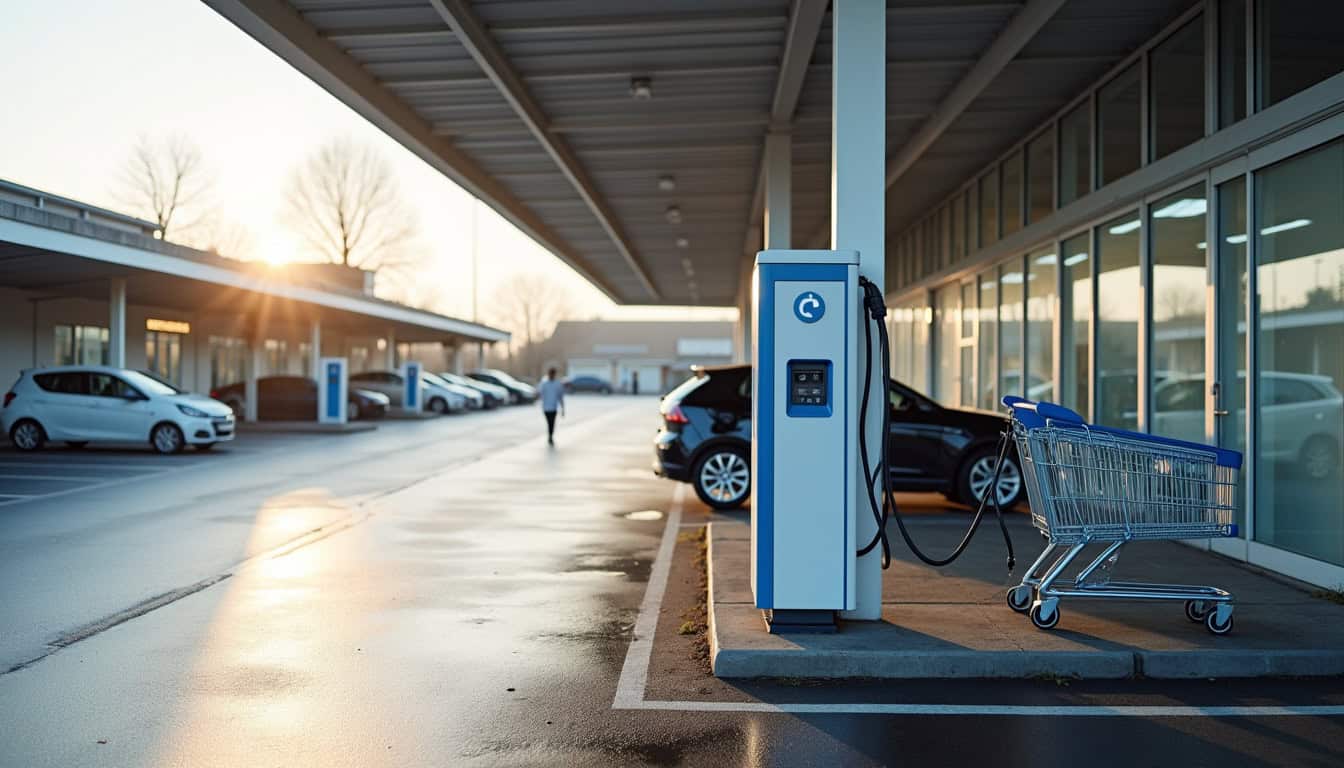 Photo d'une borne de recharge publique installée dans un parking de supermarché à Rosières-aux-Salines