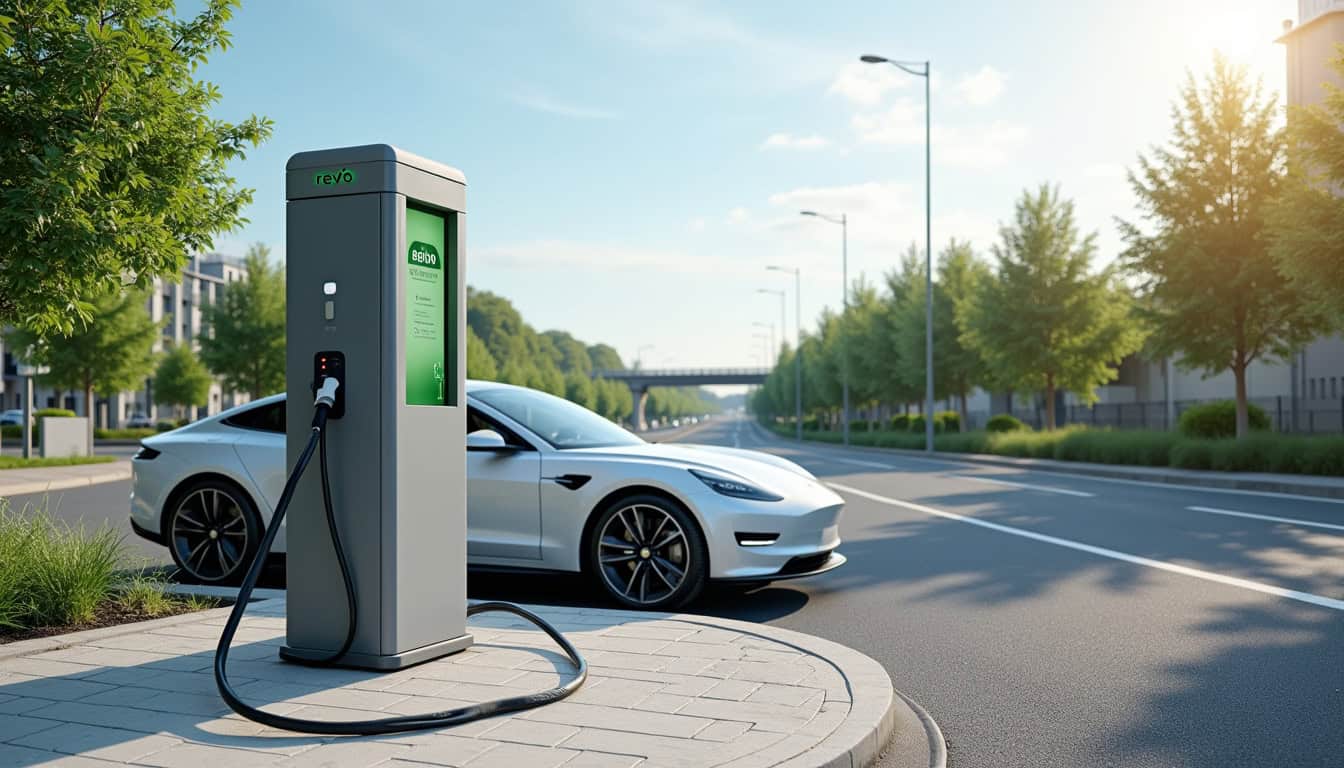 Photo d'une borne de recharge Révéo située sur la Route Nationale à Montgailhard