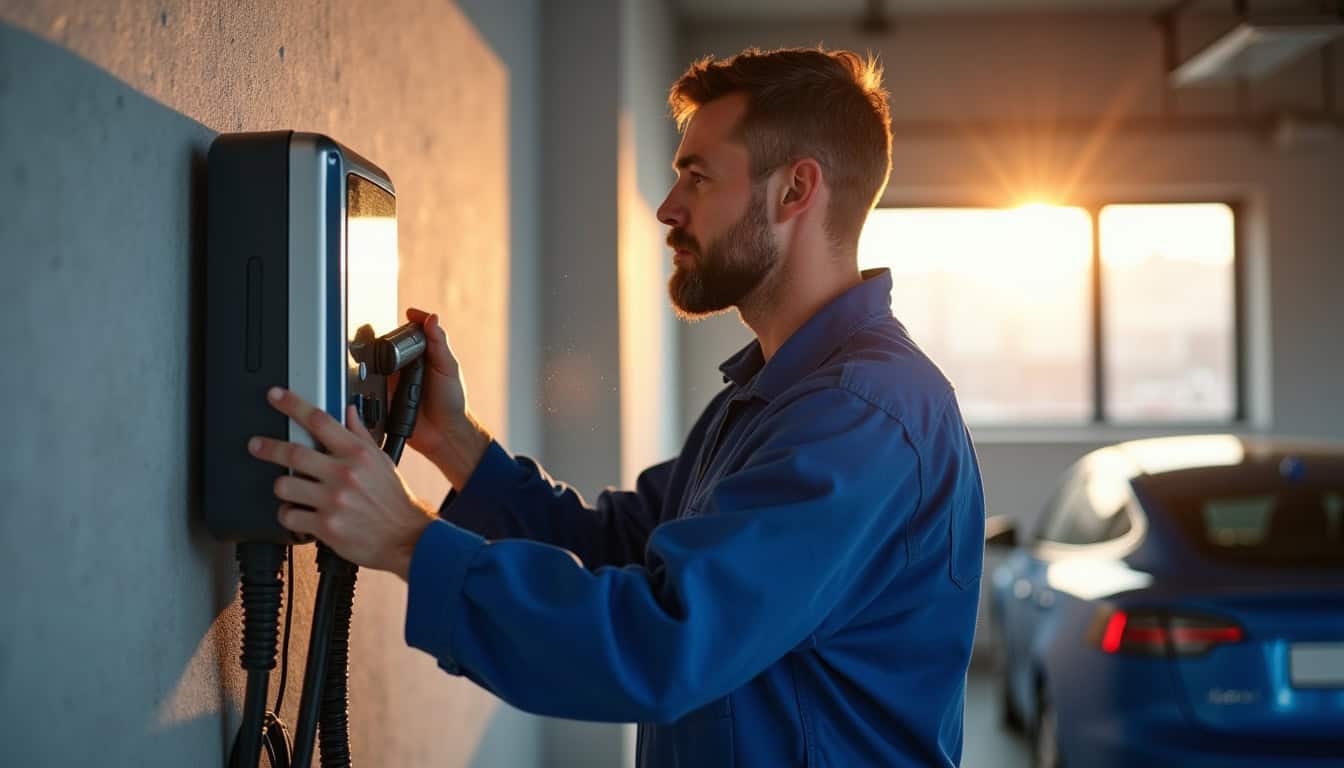 Photographie d’un électricien en train d’installer une borne de recharge dans un garage à Champdieu
