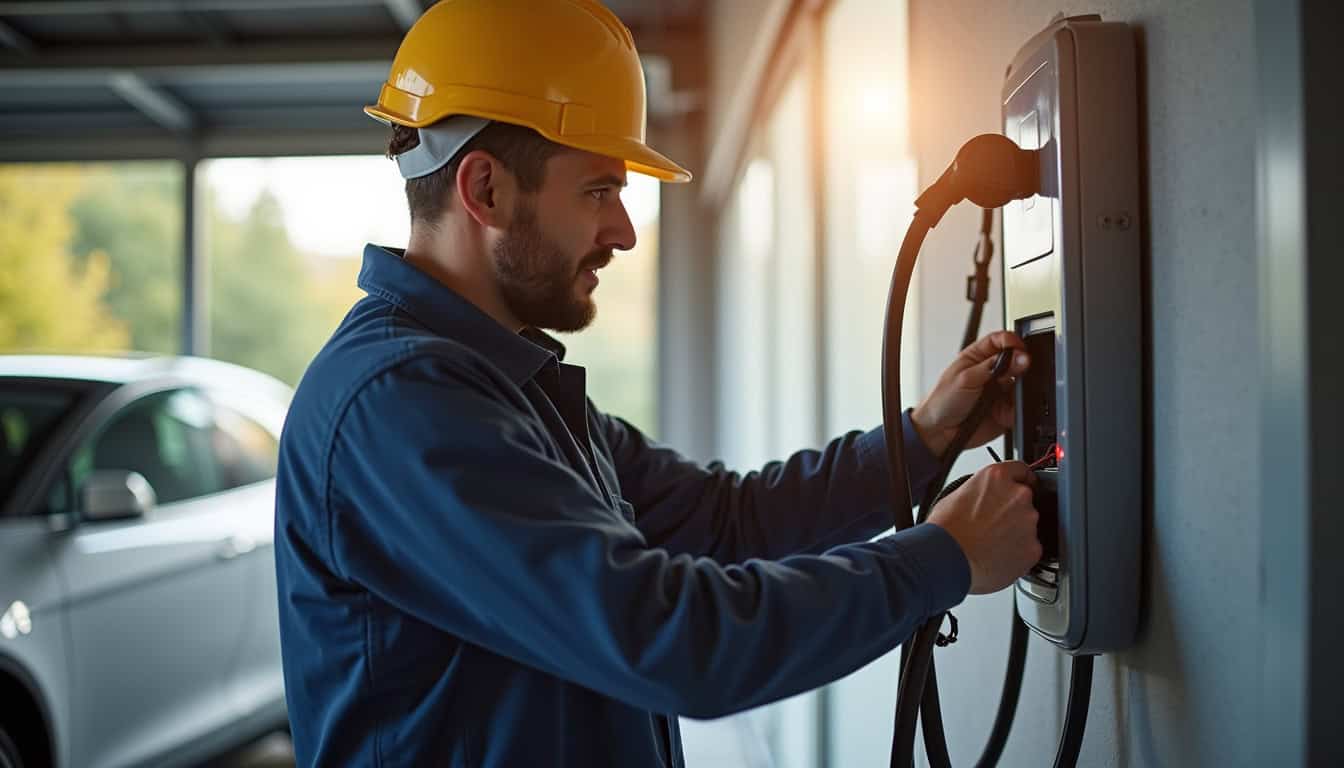 Photographie d'un installateur en train de poser une borne de recharge électrique dans un garage à Ghyvelde