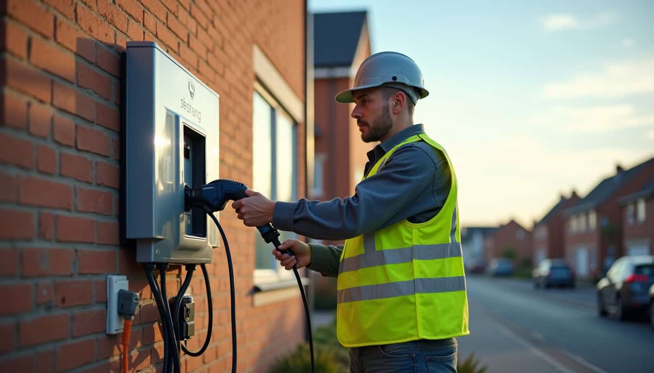 Photographie d’un technicien en train d’installer une borne de recharge électrique sur un mur extérieur