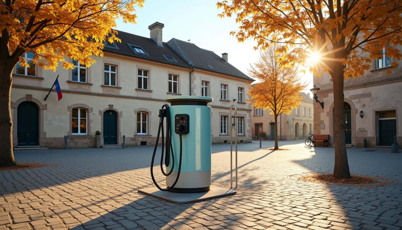 Photographie d’une borne de recharge Modulo Energies sur la place Jean Thévenot à Châteauneuf-sur-Cher