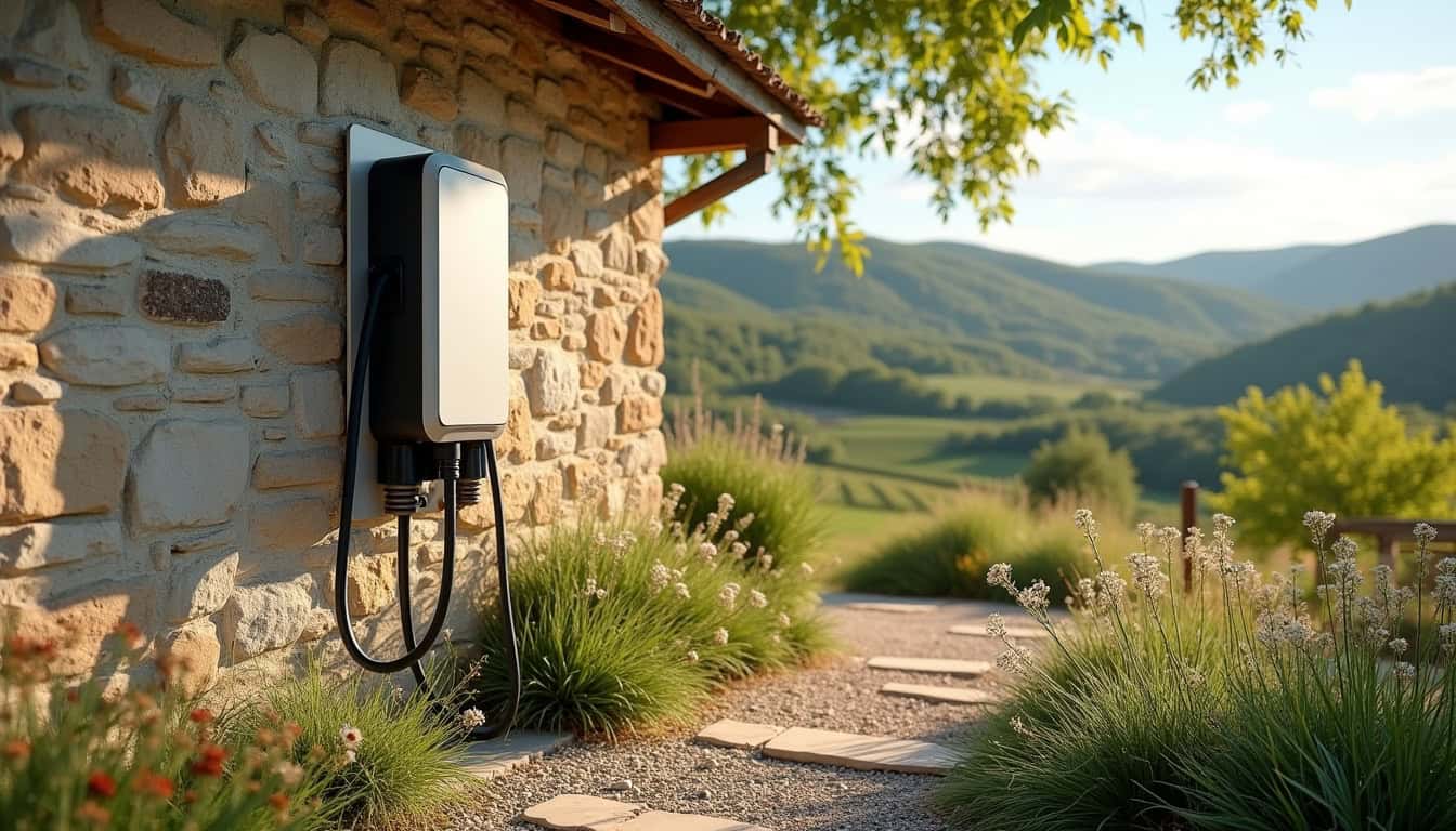 Prise renforcée pour voiture électrique installée à l'extérieur d'une maison en Ardèche