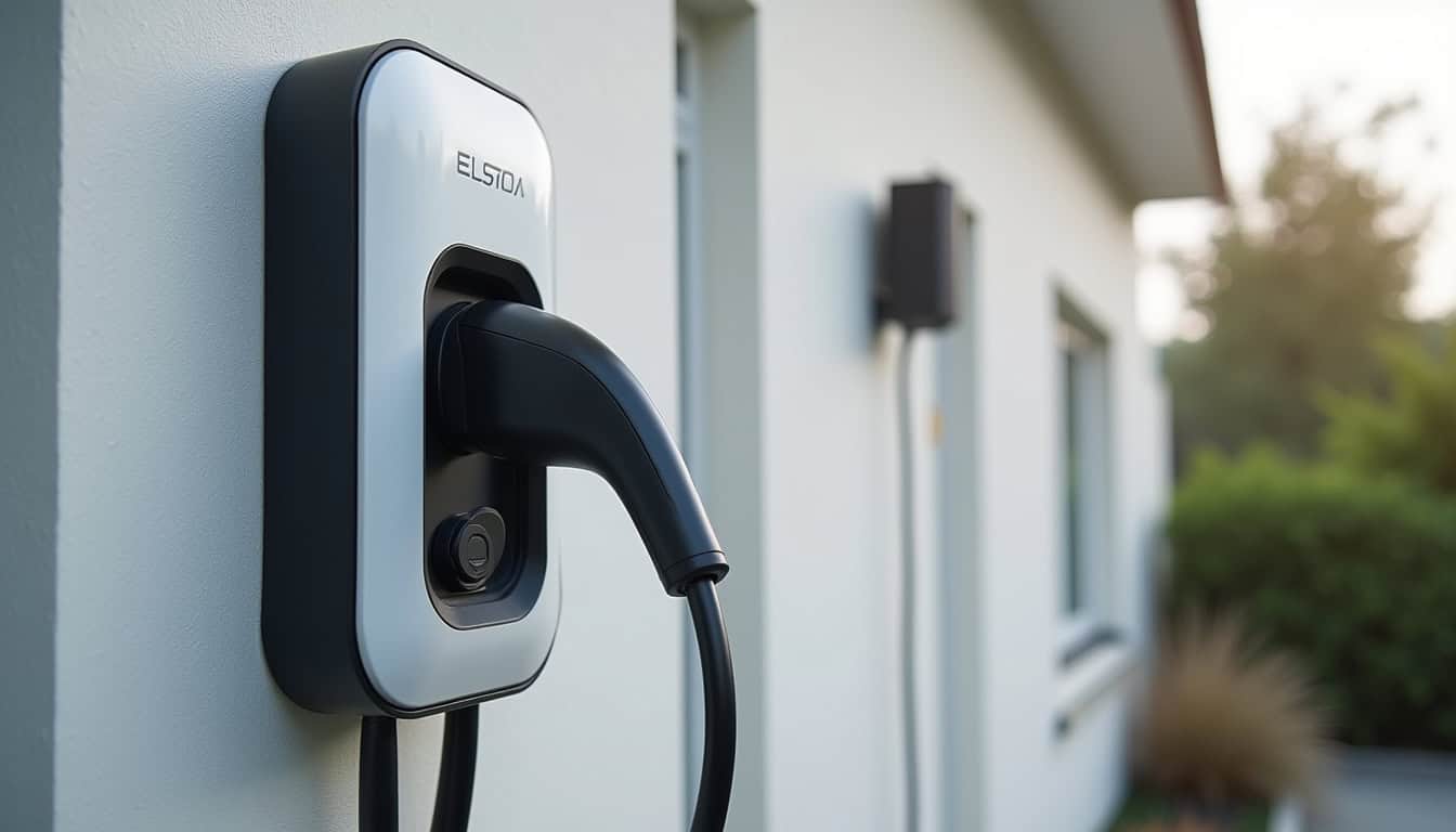 Prise renforcée pour voiture électrique installée en extérieur, protégée par un boîtier étanche