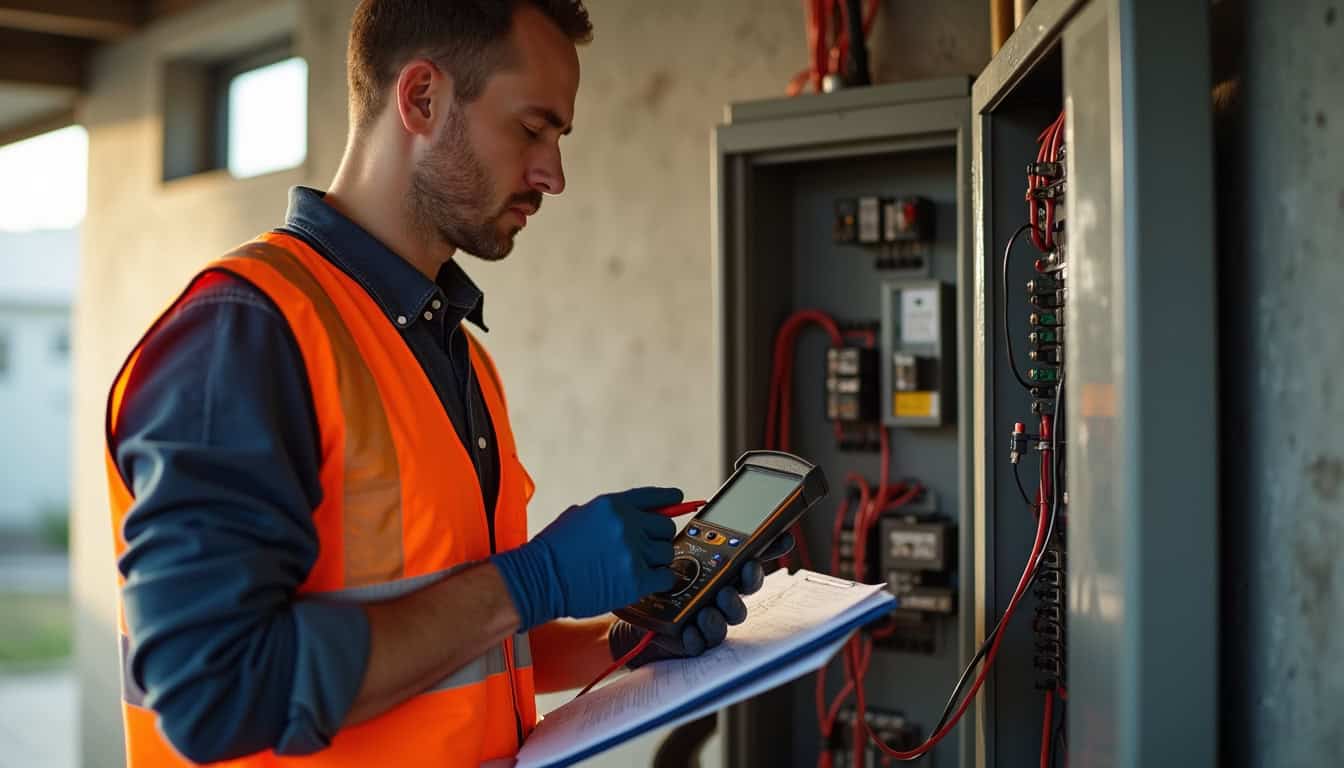 Professionnel en train d'inspecter un tableau électrique avant installation d'une borne de recharge
