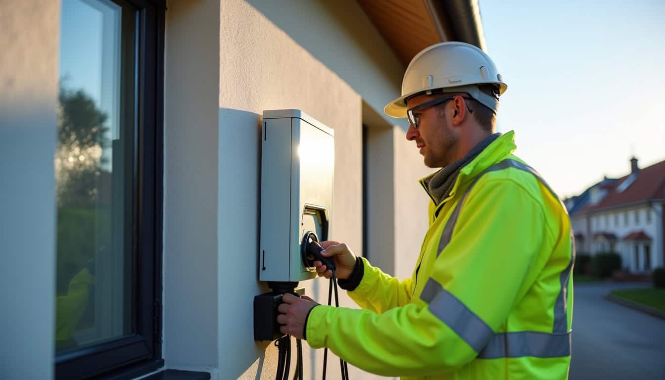 Professionnel en train d'installer une wallbox sur un mur extérieur