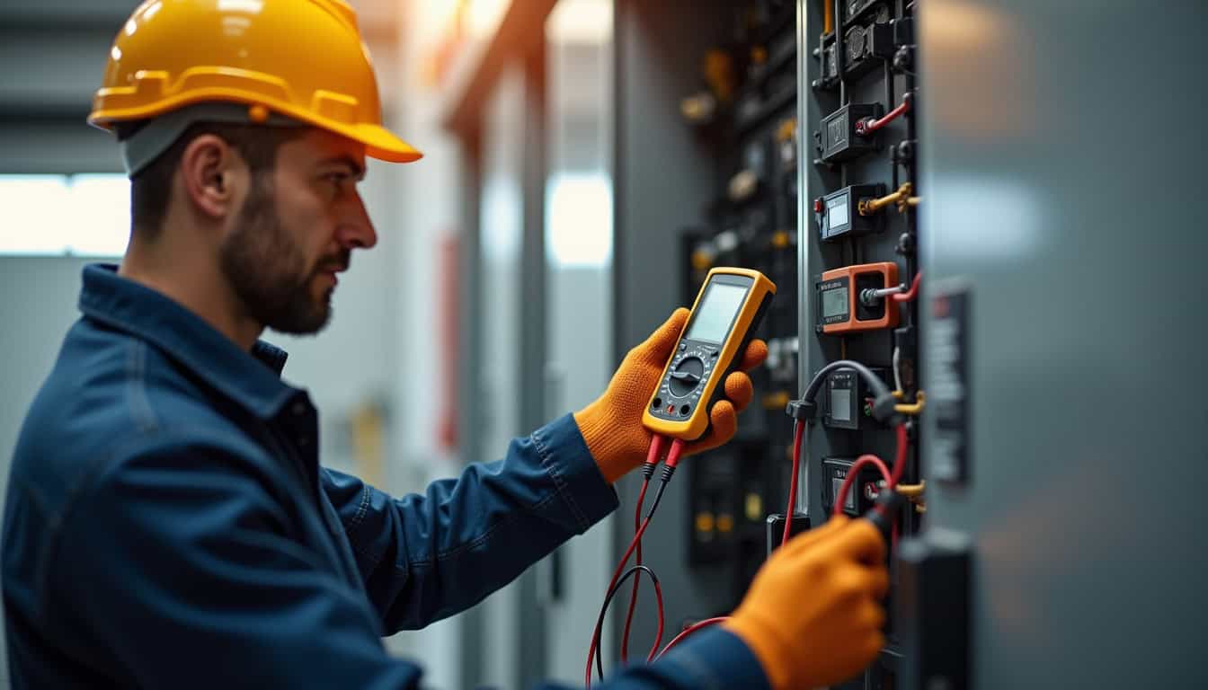 Professionnel IRVE vérifiant un tableau électrique avant installation d