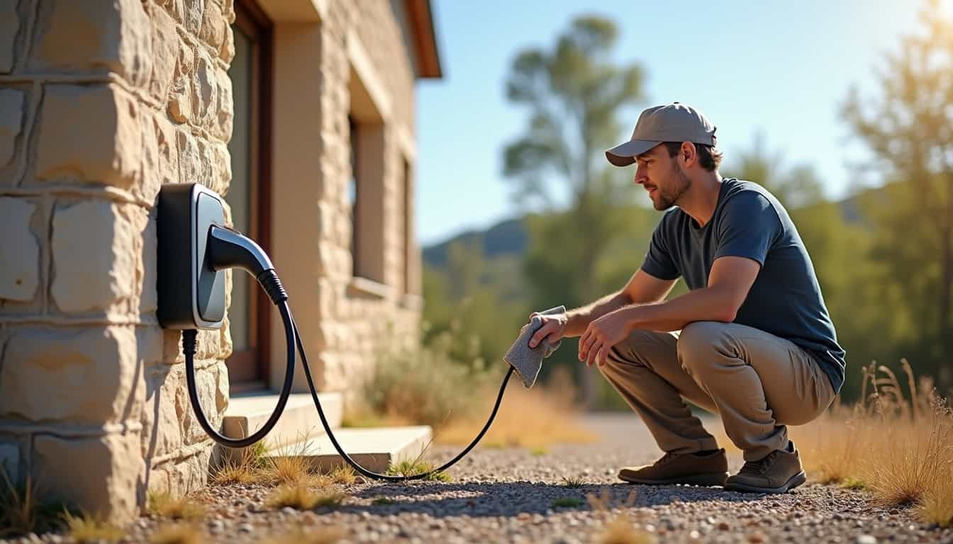 Propriétaire en train de nettoyer le boîtier de sa borne de recharge à Sermérieu par temps sec