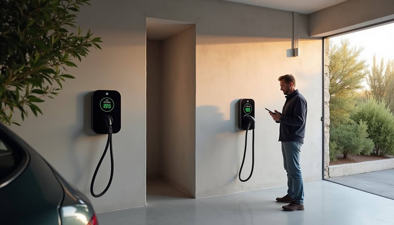 Propriétaire vérifiant l’état de sa borne de recharge dans son garage à Gardanne